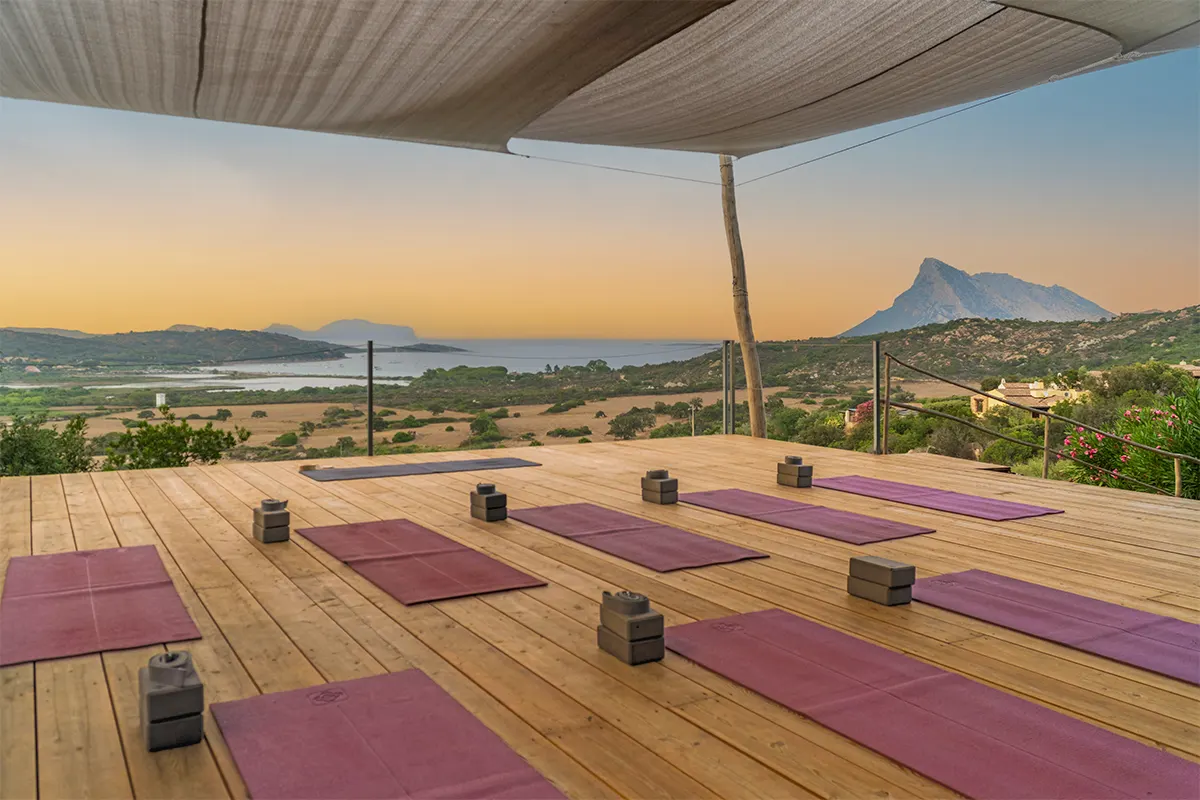 Yoga deck of Lu Nibareddu overlooking the bay of Porto Taverna