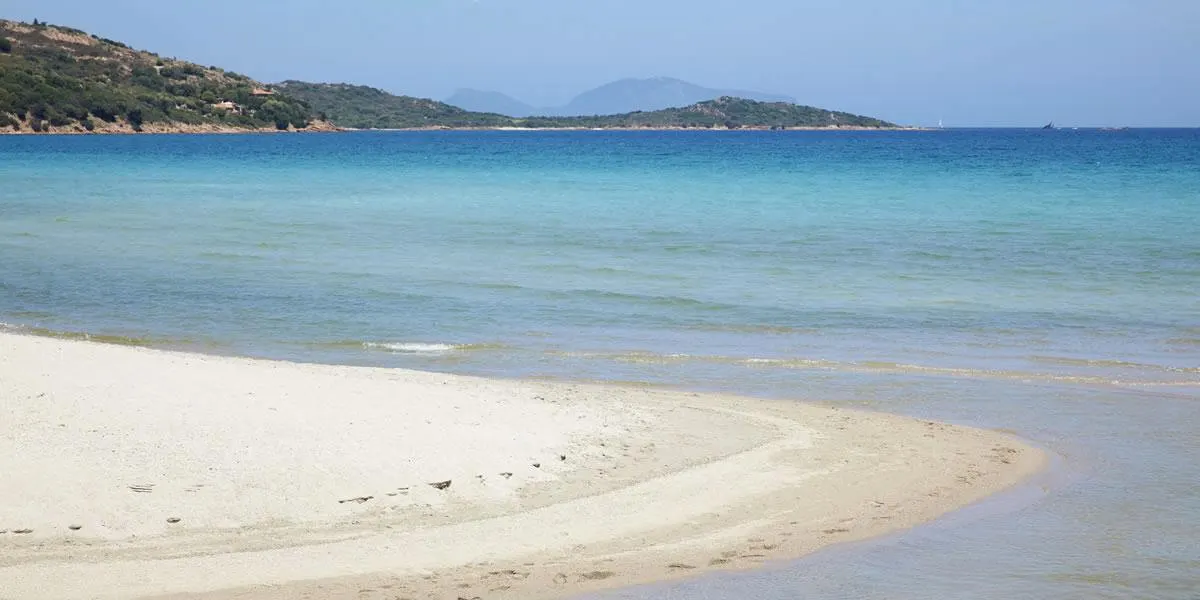 Curve of white sand meeting shallow turquoise water on a North Sardinia beach