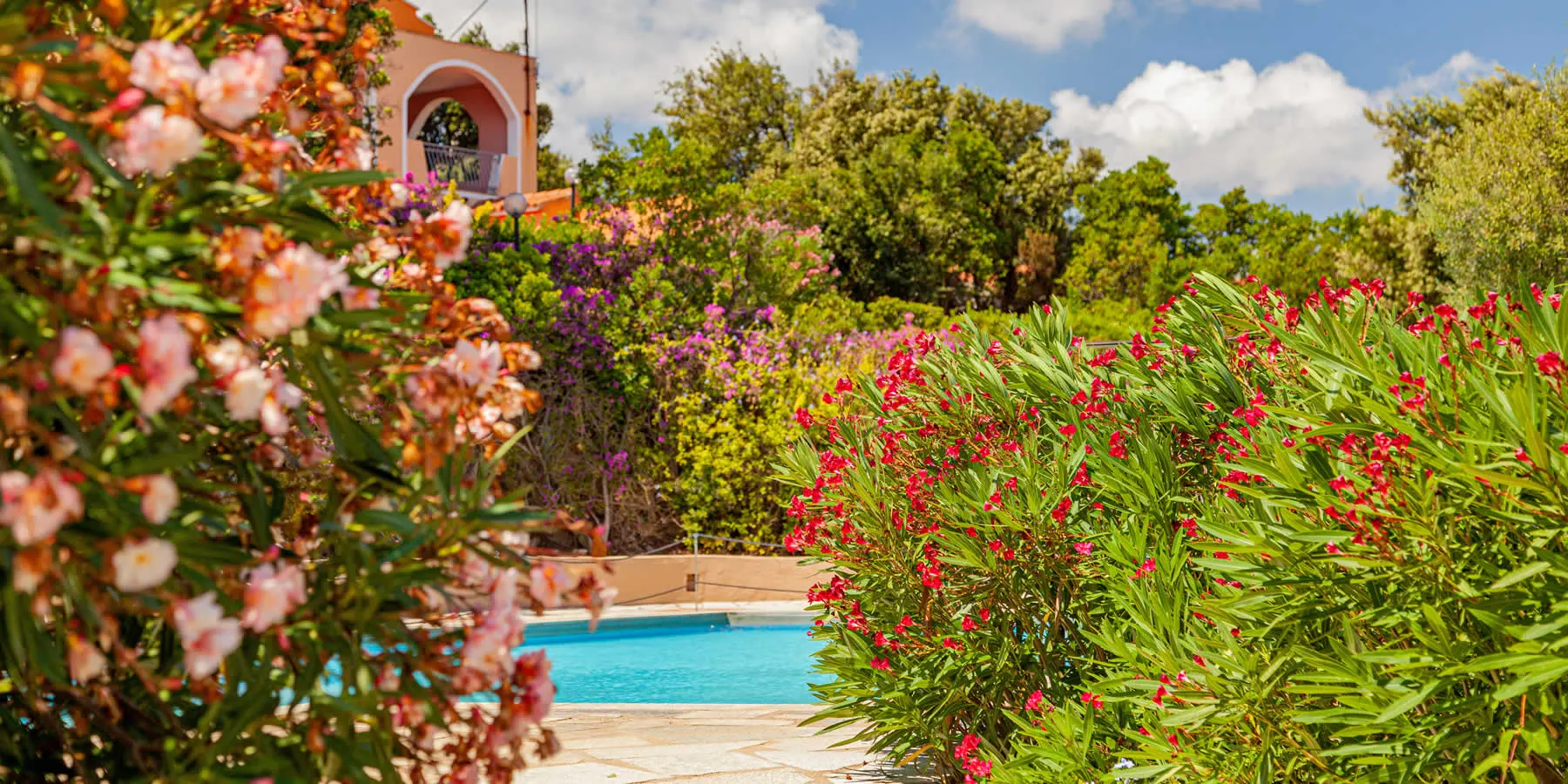 Village pool framed by oleander and bougainvillea in bloom