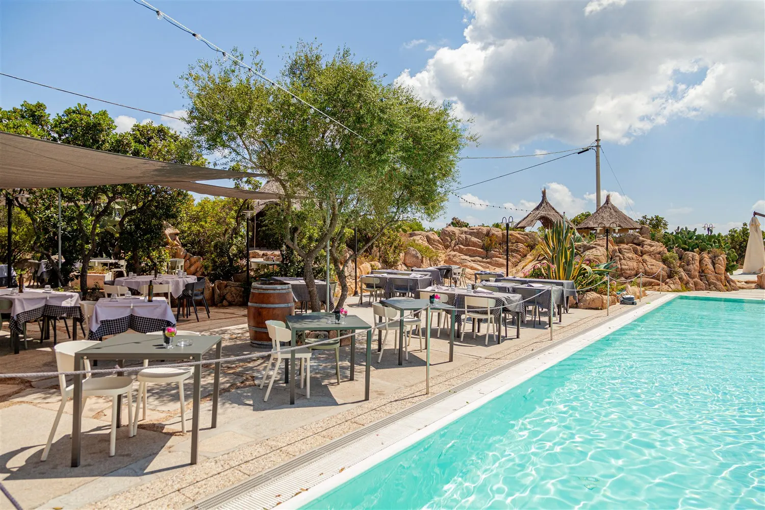 Pool deck of the village in the morning sun