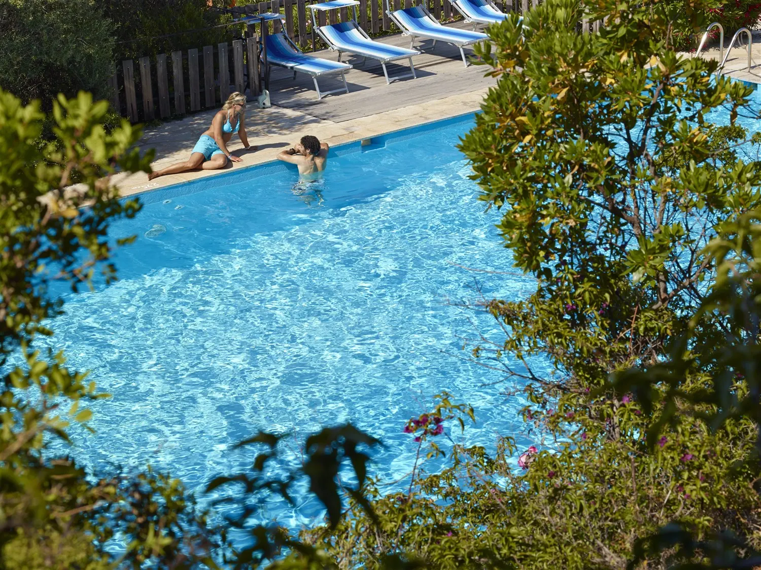 Swimming pool of the village surrounded by Mediterranean greenery