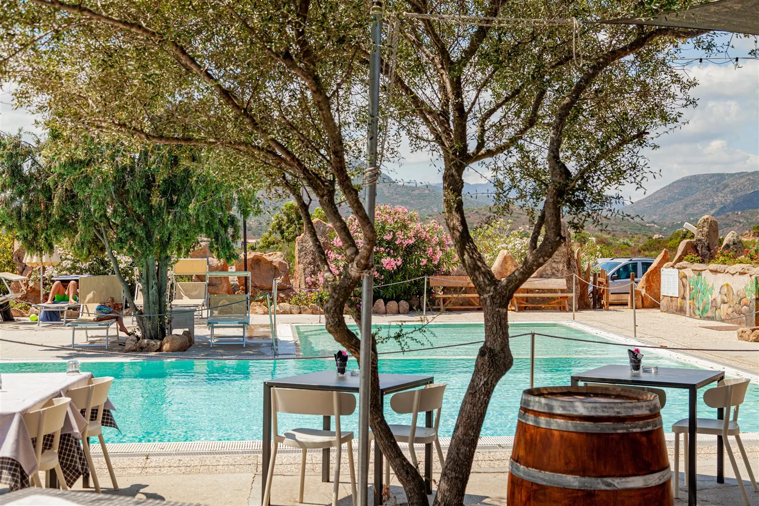 Tables of the BBQ restaurant by the pool, under the olive trees